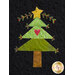 A quilted design of a Christmas tree on a black background, featuring a star on top, green layers, a brown trunk, and a pink heart in the center, surrounded by decorative leaves.