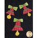 Three decorative fabric bells are displayed on a black background. The bells are primarily red with a plaid pattern, each adorned with green bows. One bell has a gold jingle attached at the bottom, while the remaining two bells are placed above it.