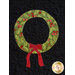 A decorative green wreath with red berries and a red bow, set against a black quilted background.