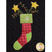 A holiday-themed decorative stocking in red and green with a checkered pattern, topped with a green square featuring a snowflake. Yellow stars and green sprigs with red berries are coming out of the stocking, all set against a black background.