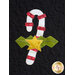 An applique design featuring a candy cane with red stripes, wrapped in green leaves and a gold star, set against a black quilted background.