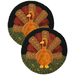 Two circular decoration pieces featuring a cartoon-style turkey design with a colorful fan of feathers, set against a black background.