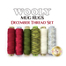 Six spools of thread in various colors arranged horizontally, labeled Wooly Mug Rugs December Thread Set at the top, with a logo from Shabby Fabrics in the bottom right corner.