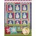 A colorful quilt titled Christmas Memories Quilt features nine snowman blocks set against a blue background, bordered by red and green fabric. Below the quilt, there is a green bench with three decorative pillows: two red with white designs and one blue with a white snowflake design.