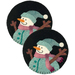 Two round coasters featuring snowman designs. Each snowman wears a blue hat and a pink scarf, with a cheerful expression, against a black background. The snowmen have stick arms.