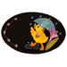 A whimsical design on a black circular mat featuring a yellow duck holding a blue umbrella while splashing in a puddle, surrounded by colorful flowers and raindrops.