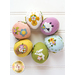 A collection of six decorative Easter eggs, each uniquely adorned with colorful felt flowers and hand-stitched animal designs, such as a chick, sheep, bunny, and floral patterns. The eggs are arranged in a circular formation against a light background.