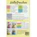 Image showing a sewing pattern for Hello Pouches, including yardage requirements for small, medium, large, and extra-large pouches. It lists fabric needs for the main body, lining, binding, and zippers, along with a section for ombre yardage requirements and additional supplies. The background is a light yellow with colorful illustrations of pouches.