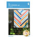 A colorful quilt featuring a herringbone pattern in shades of orange, blue, and white, displayed outdoors against a wooden fence with greenery in the background. The top of the image includes the title the BABY HERRINGBONE quilt and the designer's name, Violet Craft.