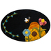 A decorative oval mat featuring a bee near a sunflower and colorful flowers, with leafy vines in the background on a black surface.