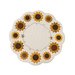 A round, scalloped placemat featuring embroidered sunflowers and bees on a cream background, with a central empty space.