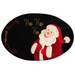 A black oval rug featuring a cheerful Santa Claus with a white beard, dressed in a red suit. He is smiling and saying Ho Ho Ho, with decorative elements around him.