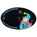 An oval decorative mat featuring a cheerful snowman wearing a blue hat and pink scarf, raising its arms in joy. Decorative elements include snowflakes and a star, along with a leafy border in light blue. The background of the mat is black.