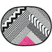 Black and white patterned mat with various geometric designs and a pop of pink.