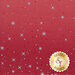 A red fabric with scattered silver stars and small dots, featuring a logo at the bottom that says Shabby Fabrics.