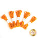 Five bundles of orange elastic cord tied neatly with white labels around the center.