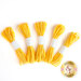 Five bundles of yellow elastic cords are arranged in a row, each secured with a white band.