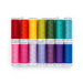 Fourteen spools of thread in a rainbow of colors arranged in two rows.