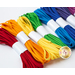 A variety of colorful elastic cords are arranged in a line, including red, orange, yellow, green, blue, and purple, each secured with a white label.