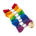 A collection of vibrant elastic cords arranged in six horizontal rows, featuring colors from red, orange, yellow, green, and blue, to purple, each secured with a white band.