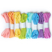 Eight bundles of colorful laces are arranged in a row, featuring shades of pink, orange, yellow, green, blue, and purple, each secured with a white band.