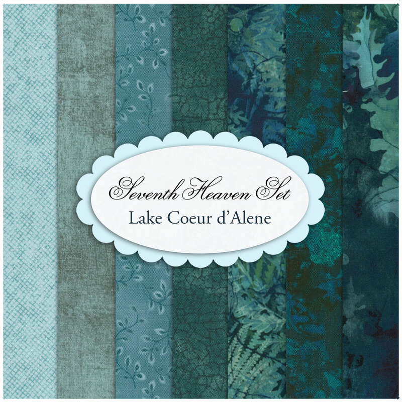 A collage of teal colored fabrics in the Seventh Heaven 7 FQ Set - Lake Coeur d'Alene