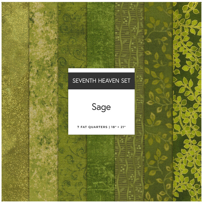 A collage of 7 forest green fabrics in the Sage seventh heaven set