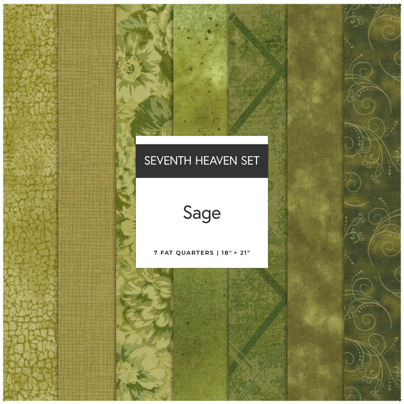 A collage of 7 forest green fabrics in the Sage seventh heaven set