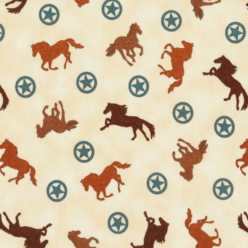 Cream mottled fabric with tossed horses and stars