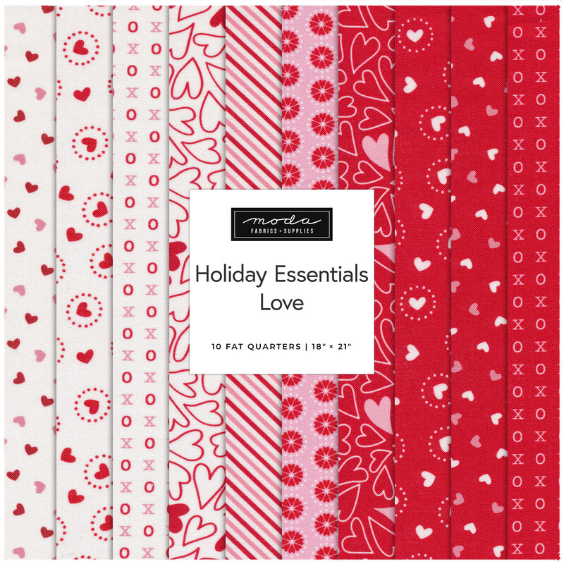 Collage of all the fabrics included in the Holiday Essentials Love 10 FQ set.