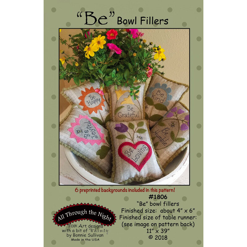 A digital illustration featuring decorative fabric bowl fillers with inspirational messages such as Be Grateful. The fillers are displayed alongside a small pot of colorful flowers. The background has a light green color with polka dots, and text at the bottom provides information about the pattern and its origins.