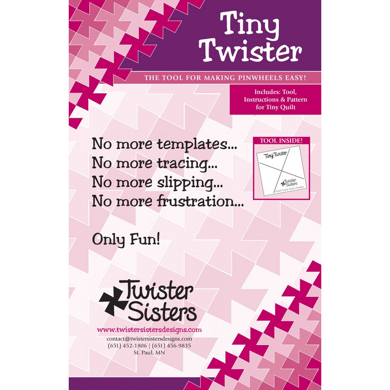 Packaging for Tiny Twister, a quilting tool featuring instructions and patterns against a pink background.