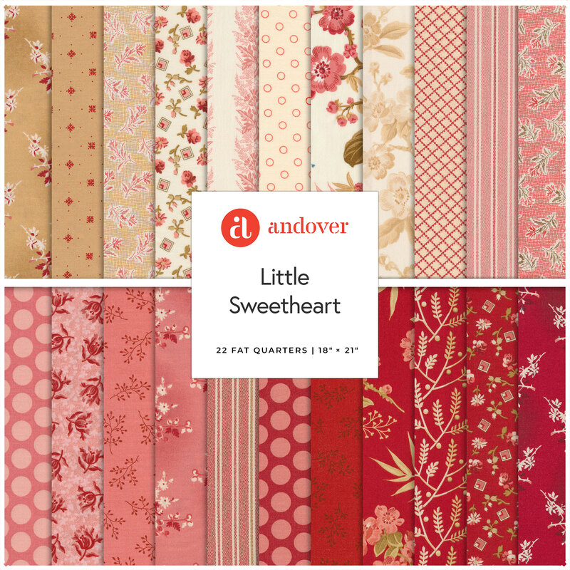 Composite collage of all fabrics within the little sweetheart collection, consisting of mostly floral fabrics in red, pink, tan, and cream