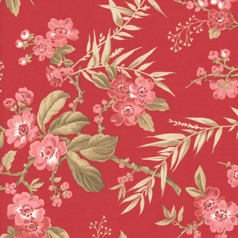 Pink and green flowers on a red background