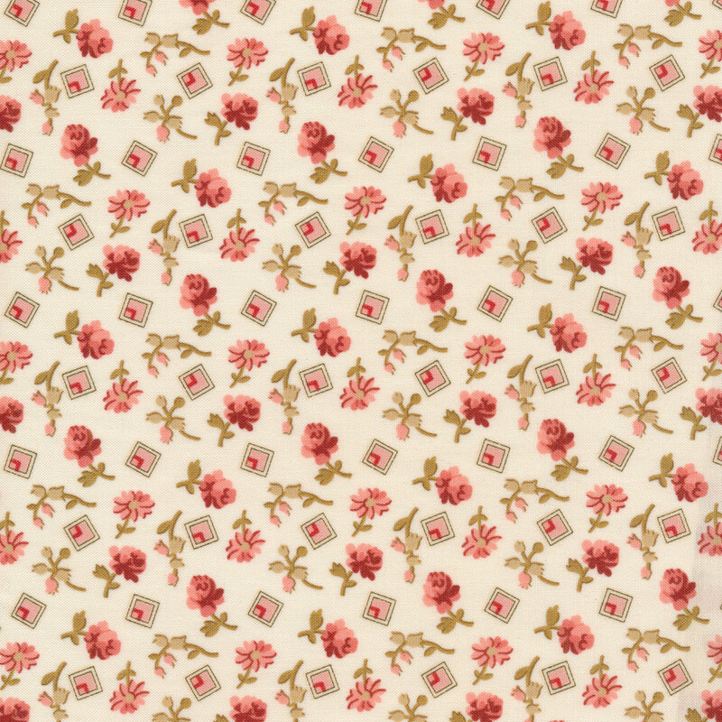 Tossed roses and pink squares on a cream background