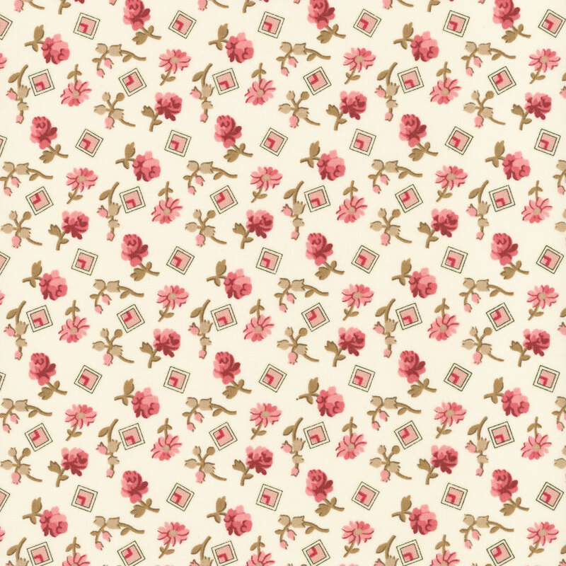 Tossed roses and pink squares on a cream background