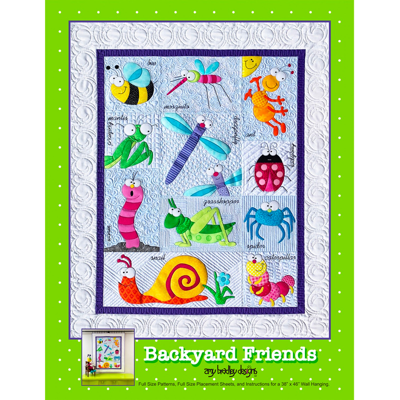 A colorful quilt design featuring various cartoon-style backyard creatures, including a bee, dragonflies, a ladybug, a worm, frogs, a crab, and a snail, arranged in a grid pattern. The background is light blue with a quilted design, surrounded by a green border with white polka dots. At the bottom, there is a label that says Backyard Friends.