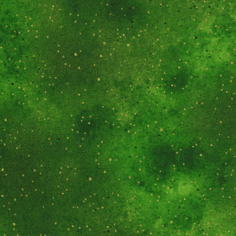 Green and dark green mottled fabric with gold metallic spots