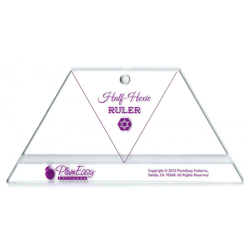 A clear acrylic ruler shaped like a triangle, labeled Half-Hexie Ruler in purple text, with a small hexagonal design in the center and the brand name PlumEasy at the bottom.