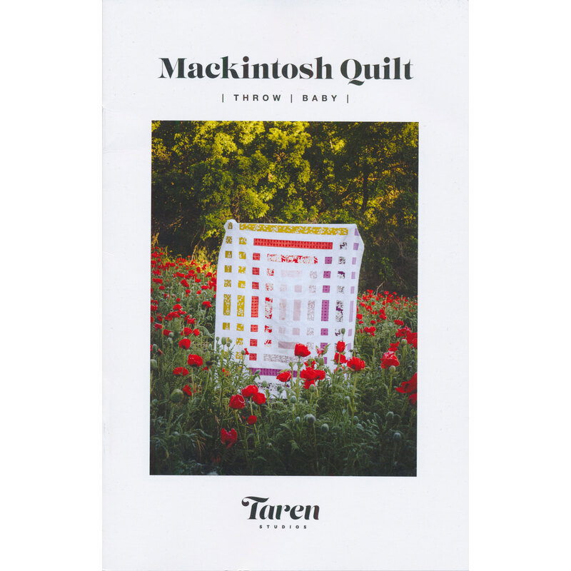 A quilt design called Mackintosh Quilt displayed against a vibrant background of flowers. The text includes Throw and Baby along with the brand name Taren.