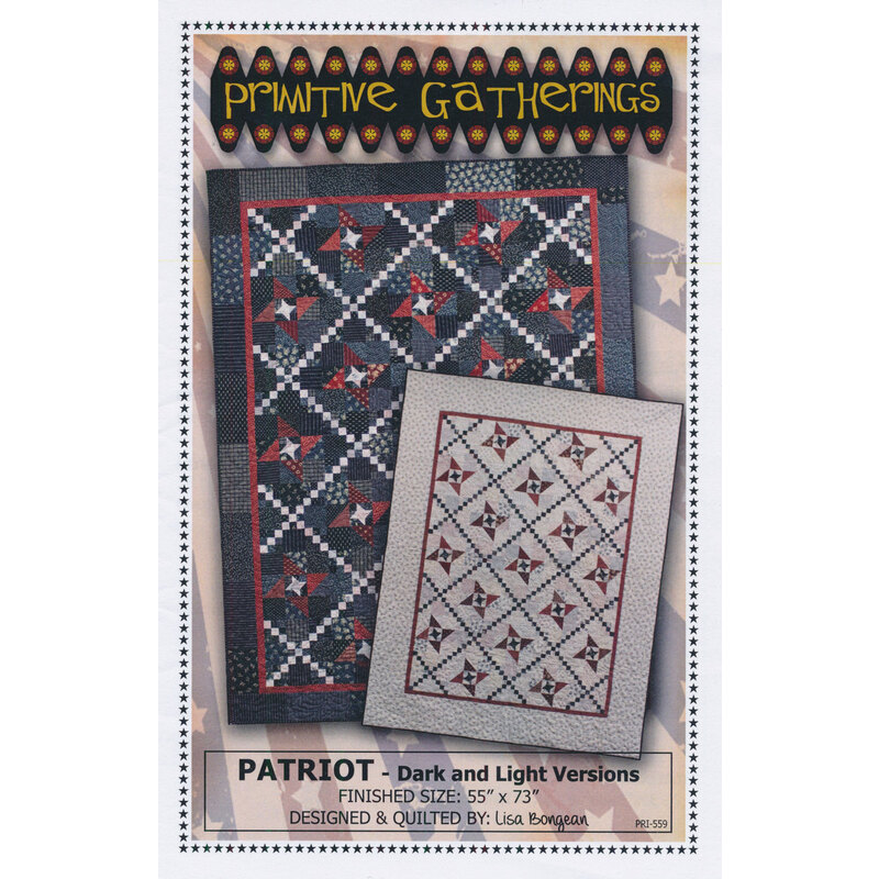 The front of the Patriot pattern, showing the finished quilt in dark and light versions on an American flag background.