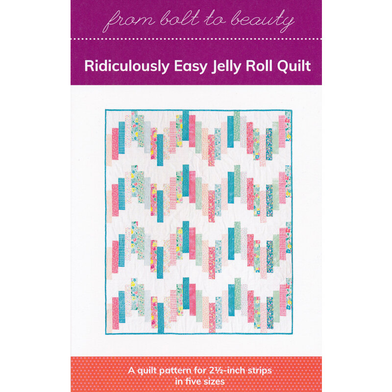 The front of the Ridiculously Easy Jelly Roll Quilt Pattern, showing the finished quilt isolated on a white background.