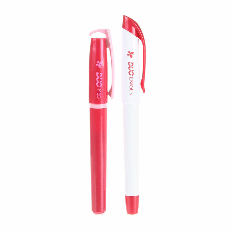 A red and white pen are displayed side by side. The pen on the left is a darker red with a cap, while the pen on the right is white. The brand name is visible on both pens.