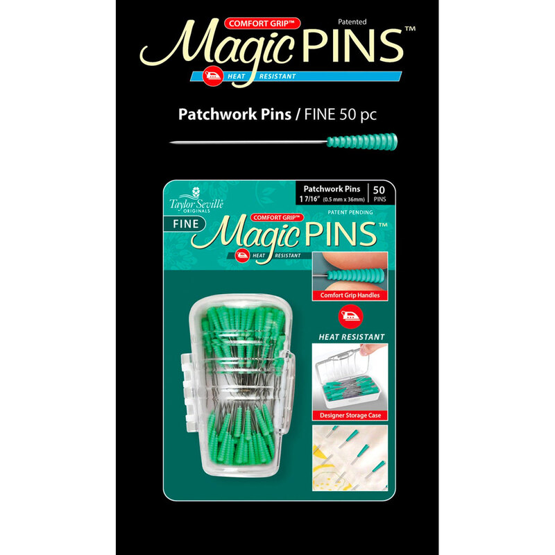 A package of 50 green Magic Pins for patchwork, labeled as heat resistant and fine.