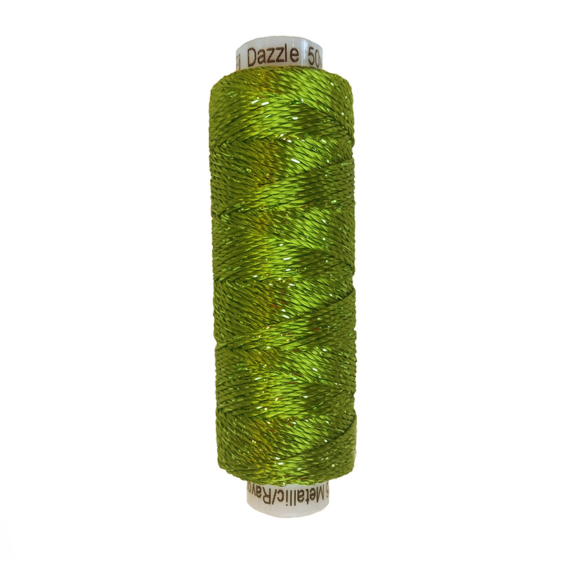 Spool of WonderFil Dazzle DZ4146 Greenery Thread on a white background