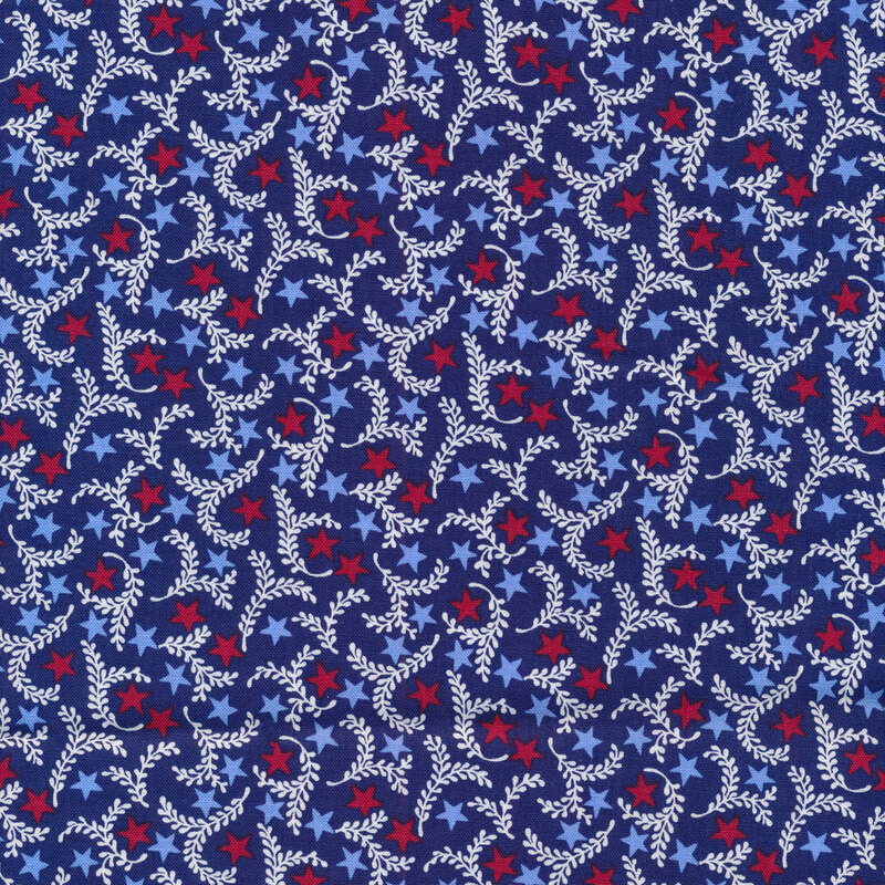 Light blue and red stars surrounded by white sprigs on a dark blue background