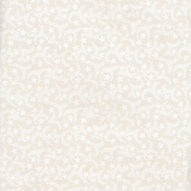 White stars among white branches pattern on a cream fabric background