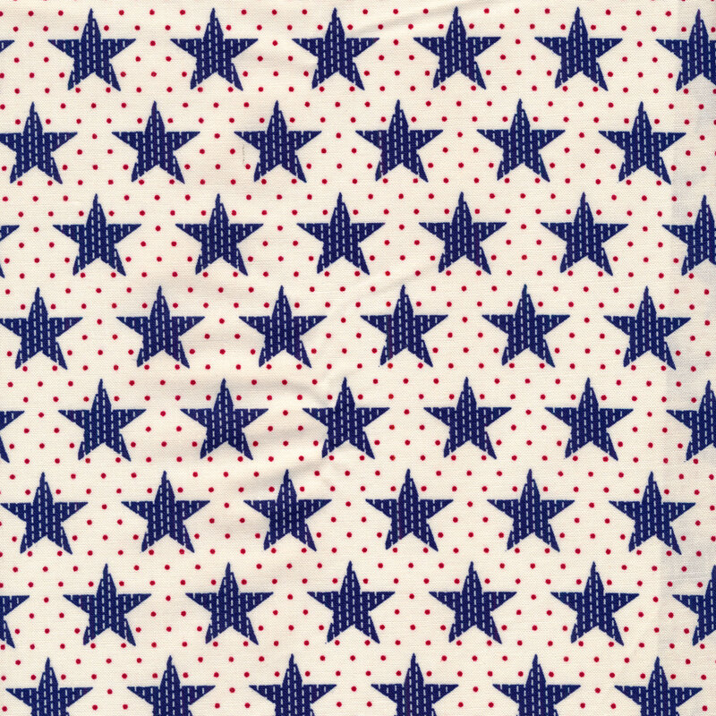 Blue star and stitch pattern on a white fabric background