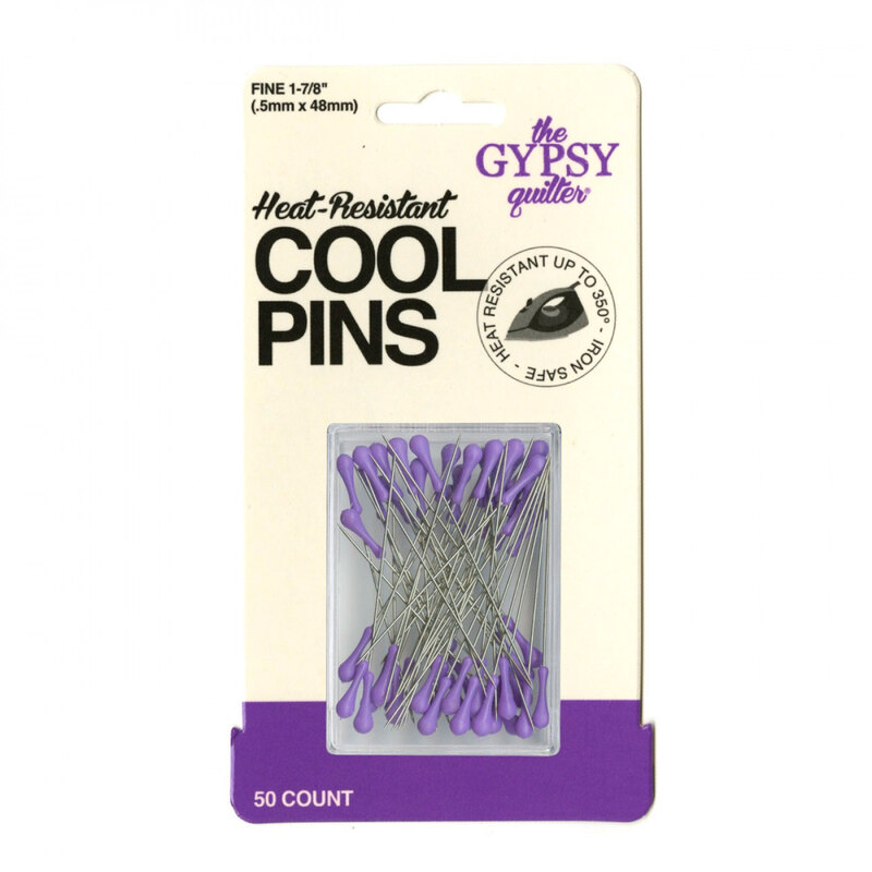 Package of 50 heat-resistant cool pins with purple heads, labeled for quilters.