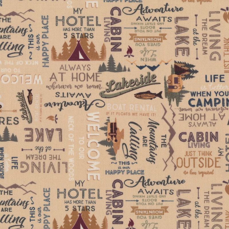 Tan fabric with camping logos and scenes throughout